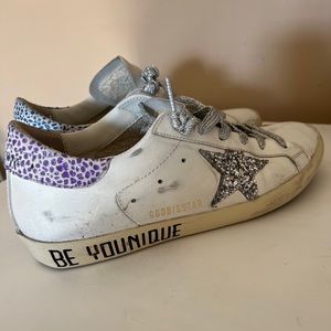 Golden Goose size 37 white with purple and blue accents, gently pre-worn